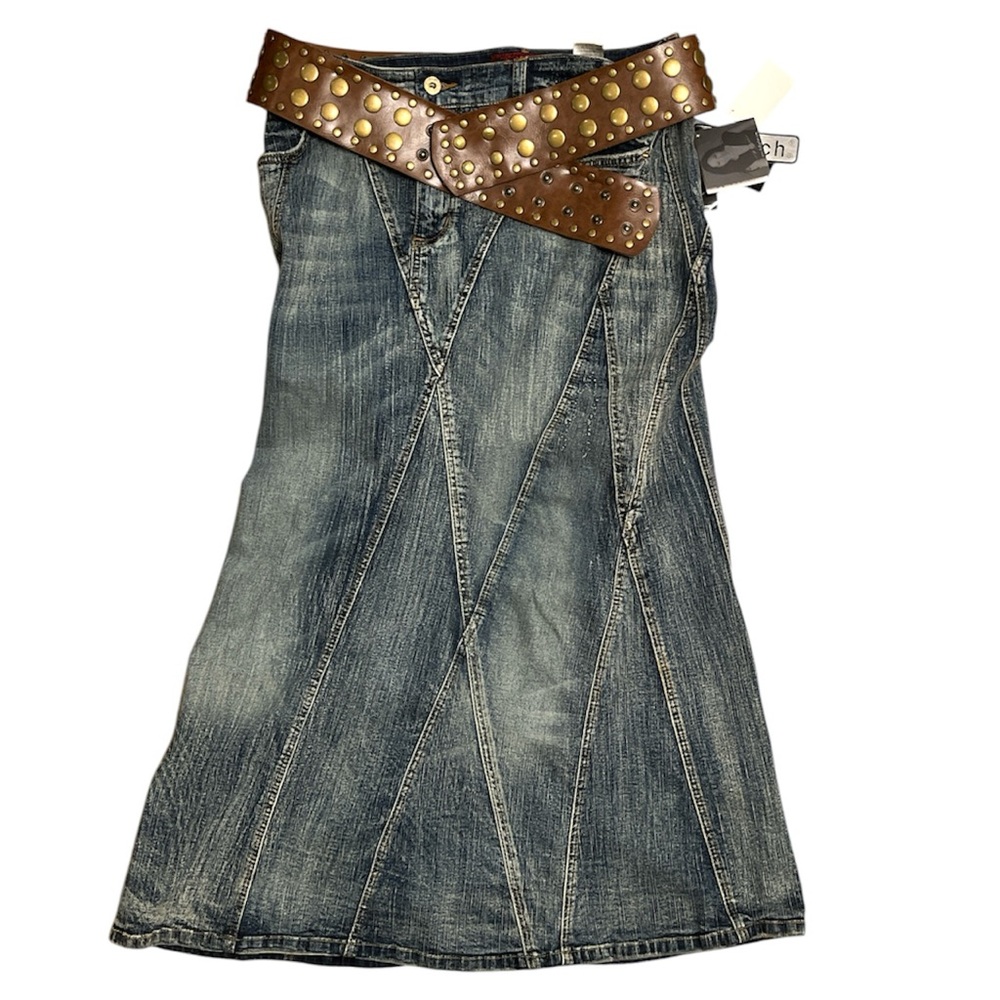 Blue denim jean skirt with studded gold and brown faux leather belt